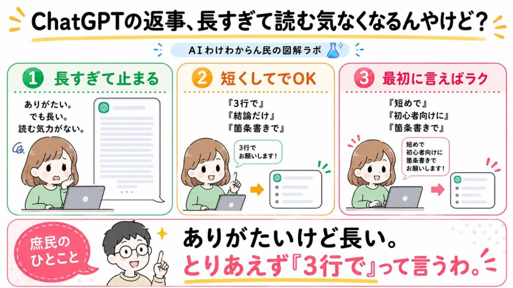 ChatGPTの返事、長すぎて読む気なくなるんやけど?