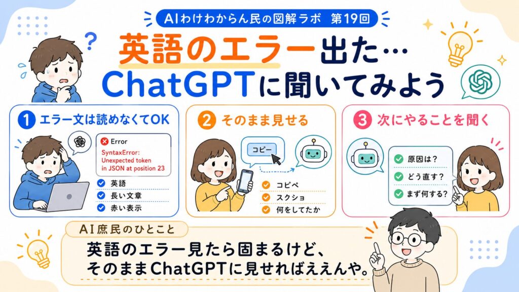 英語のエラー出た…そのままChatGPTに聞いてみよう